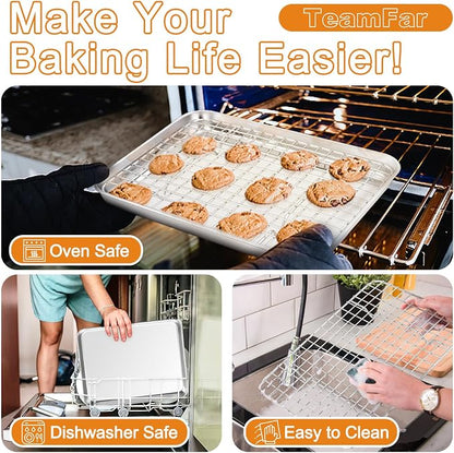 TeamFar 16/12.5/10.5 Inch Baking Sheet with Wire Rack, Stainless Steel Cookie Sheets Baking Pans and Cooling Racks for Cooking, Non-Toxic & Heavy Duty, Dishwasher Safe, 6 PCS (3 Pans + 3 Racks)