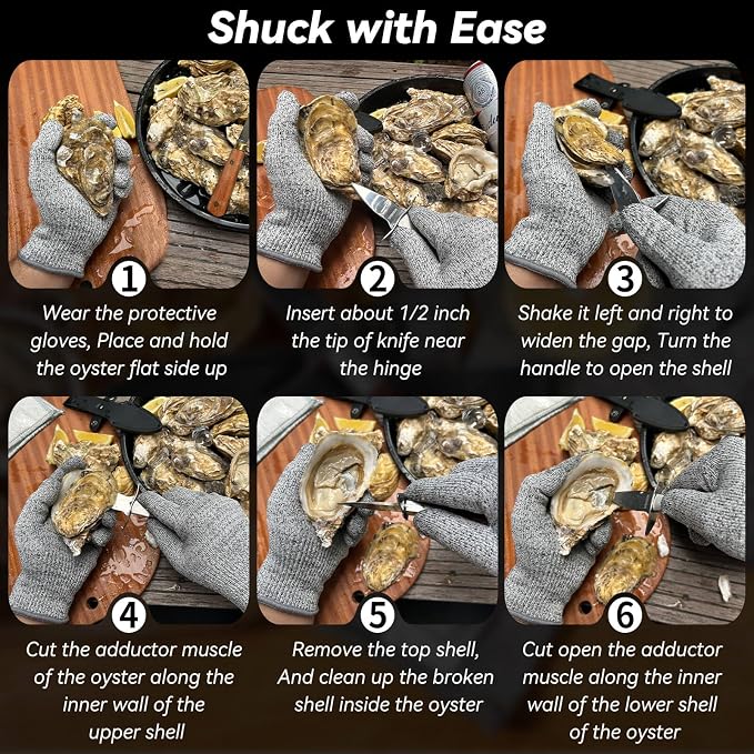 Oyster Shucking Knife,Sturdy Sharpness Oyster Shucking Kit with Comfort Wood-handle,Oyster Knife and Glove Set with 5-leve Protection Cut-resistant Glove (L), with Leather Case Prevents Damaged