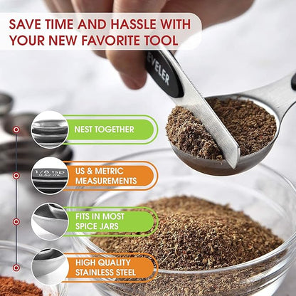 Spring Chef Stainless Steel Magnetic Measuring Spoons Set with Strong N45 Magnets, Heavy Duty Metal Kitchen Gadgets for Baking & Cooking, Fits in Most Kitchen Spice Jars, Set of 8 with Leveler, Black
