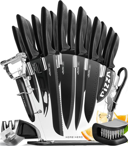 Home Hero Kitchen Knife Set - High Carbon Stainless Steel Blades & Built-In Sharpener - Ergonomic Handles & Cutlery Block Storage - Precision Cooking Prep with Chef Knife - 20 Pc, Black