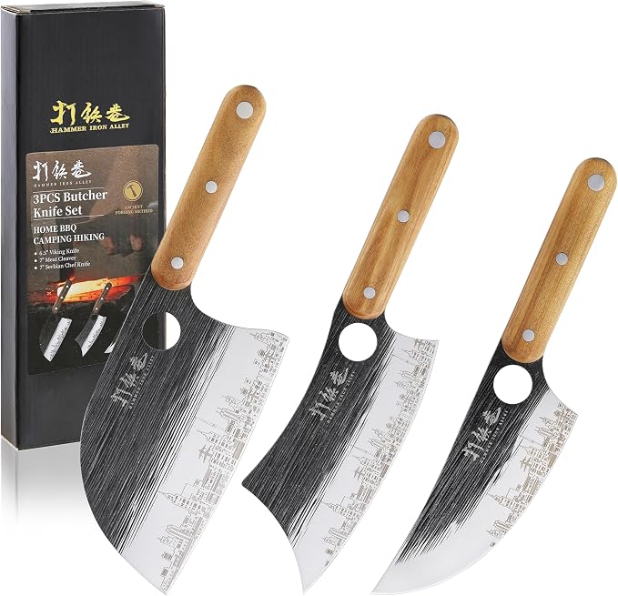 3PCS Butcher Knife Set, 7" Butcher Meat Cleaver, 7" Serbian Chef Knife and 6.5" Viking Knife, Hand Forged Butcher Knife with Wooden Handle, Ideal for Home, Camping, BBQ (Unique Pattern)
