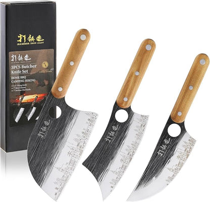 3PCS Butcher Knife Set, 7" Butcher Meat Cleaver, 7" Serbian Chef Knife and 6.5" Viking Knife, Hand Forged Butcher Knife with Wooden Handle, Ideal for Home, Camping, BBQ (Unique Pattern)
