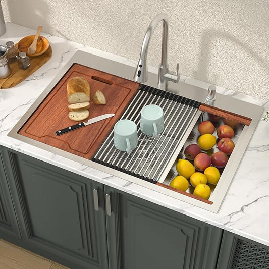 Lordear 33x22 Inch Drop In Kitchen Sink With Faucet - 33 Kitchen Sink With Faucet Combo Workstation 16 Gauge Stainless Steel Single Bowl Topmount Basin with All Accessories, 33x22x10 Inch