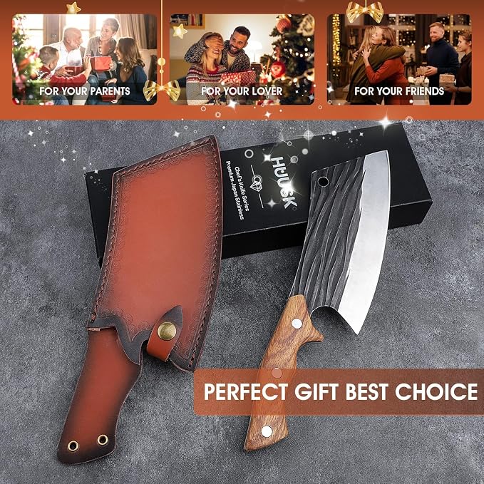 Huusk Butcher Knives for Meat Cutting, Hand Forged Meat Cleaver Knife Full Tang High Carbon Steel Chef Knives Heavy Duty Butcher Knife for Camping, BBQ, Gift for Men and Women