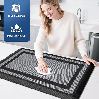 KitchenClouds [2 PCS] Kitchen Rugs Cushioned Anti-Fatigue Kitchen Mats for Floor Waterproof Kitchen Rug Set Non-Slip Comfort Standing Mat for Office, Sink, Laundry 17.3"×28"+17.3"×60",Black