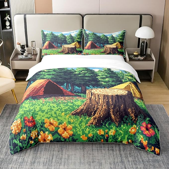 Castle Fairy Camper Tent Duvet Cover Set 100% Organic Cotton King Size Pixel Style Camping Comforter Cover with 2 Pillowcases Video Games Bedding Set for Bedroom Dcor,No Comforter