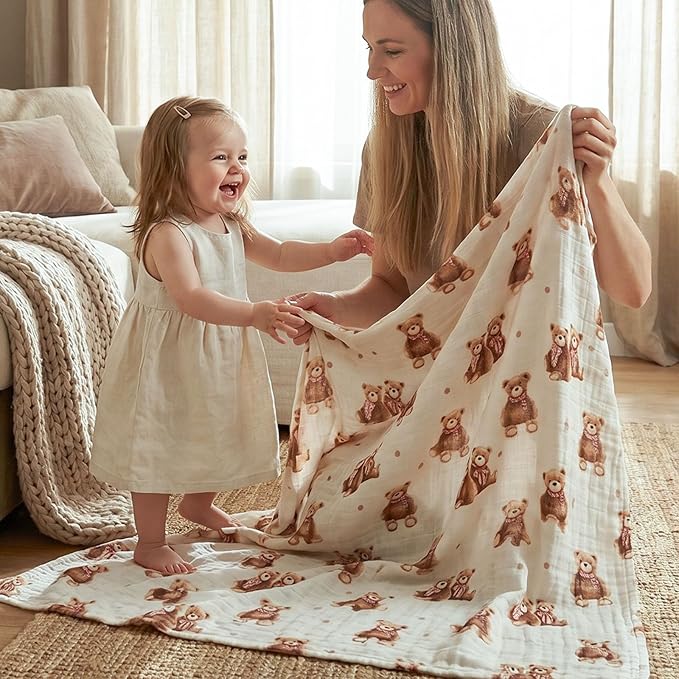 4-Pack Muslin Swaddle Blankets for Newborns | 100% Cotton Breathable Soft Muslin, Large 31.5"x43.3" | Multi-Use Stroller Sunshade Nursing Cover & Receiving Blanket, Bear Checkered