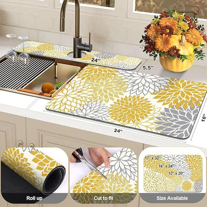 Findosom 2PCS 16" x 24" Fall Dish Drying Mat & 24" x 5.5" Sink Splash Guard, Super Absorbent & Cuttable Dish Mat Drying Kitchen Mat with Yellow Floral, Hide Stain Drying Mat for Kitchen Counter