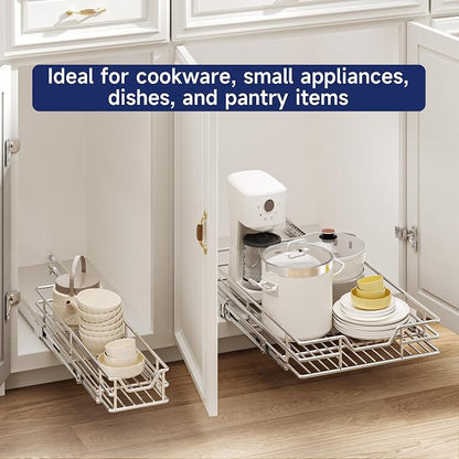 Pull Out Cabinet Organizer, 14.5" W x 21.5" D, Heavy Duty Chrome Slide Out Shelf for Base Cabinets, Sliding Wire Basket Drawer for Pantry Items, Bowls, Containers & Cleaning Supplies