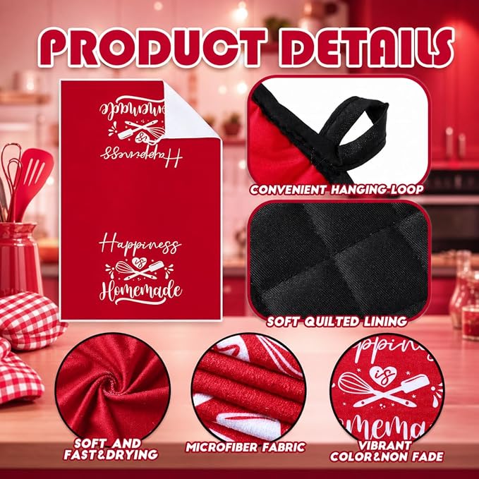 Sratte 6 Pcs Kitchen Decor Accessories Set Farmhouse Towels Pot Holders Oven Mitts Set 2 Dish Towels 2 Potholders 2 Cooking Mittens Oven Glove for Christmas Baking Cooking Supply(Red,Kitchen)