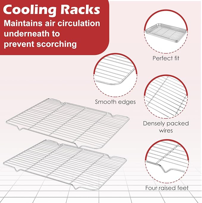 Baking Sheet with Rack Set (2 Pans + 2 Racks), 12 x 16 x 1 Inch Stainless Steel Heavy Duty Cookie Sheet with Wire Cooling Rack for Oven and Dishwasher Safe