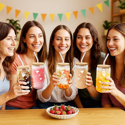 Glass Cups with Lids and Straws with Heart Design, 4 Pack 16 oz Cute Glass Iced Coffee Cups for Friends, Couples, Tea and Juice