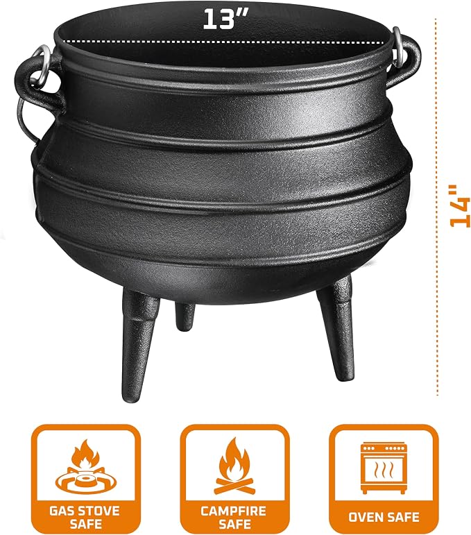 Bruntmor 8-Quart Pre-Seasoned Cast Iron Cauldron - African Potjie Pot with Lid - 3-Legged Pot for Even Heat Distribution - Outdoor Cast Iron Dutch Oven Cookware for Campfire Cooking and Boiling