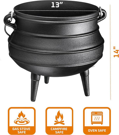 Bruntmor 8-Quart Pre-Seasoned Cast Iron Cauldron - African Potjie Pot with Lid - 3-Legged Pot for Even Heat Distribution - Outdoor Cast Iron Dutch Oven Cookware for Campfire Cooking and Boiling