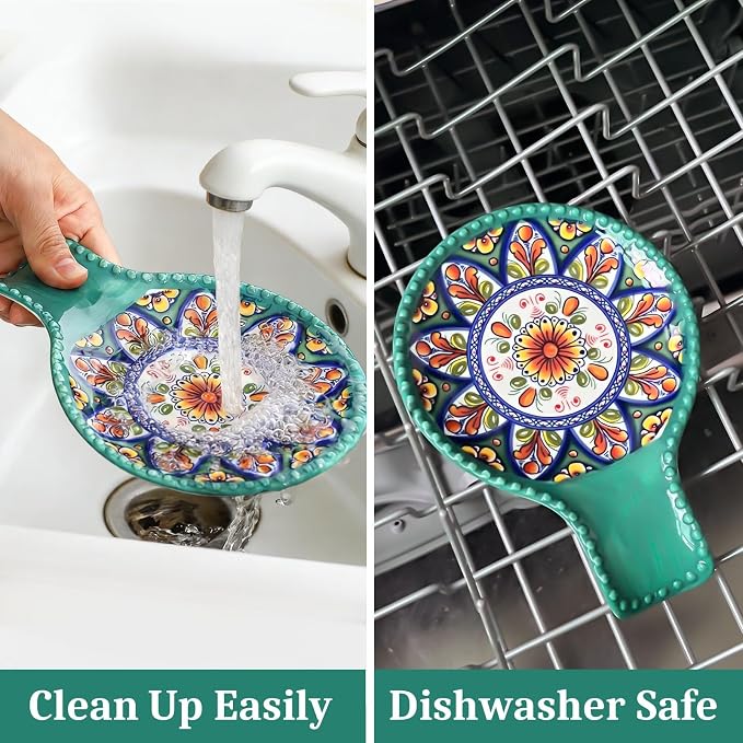 Spoon Holder for Kitchen Counter Ceramic Spoon Rest for Stove Top Large 7.7 Inch Heat-Resistant Cooking Spoon Holder for Coffee Spoon Rest,Spatula or Tongs,Bohemian Green Dishwasher Safe