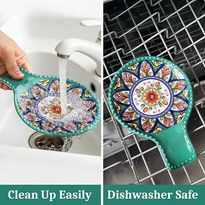 Spoon Holder for Kitchen Counter Ceramic Spoon Rest for Stove Top Large 7.7 Inch Heat-Resistant Cooking Spoon Holder for Coffee Spoon Rest,Spatula or Tongs,Bohemian Green Dishwasher Safe