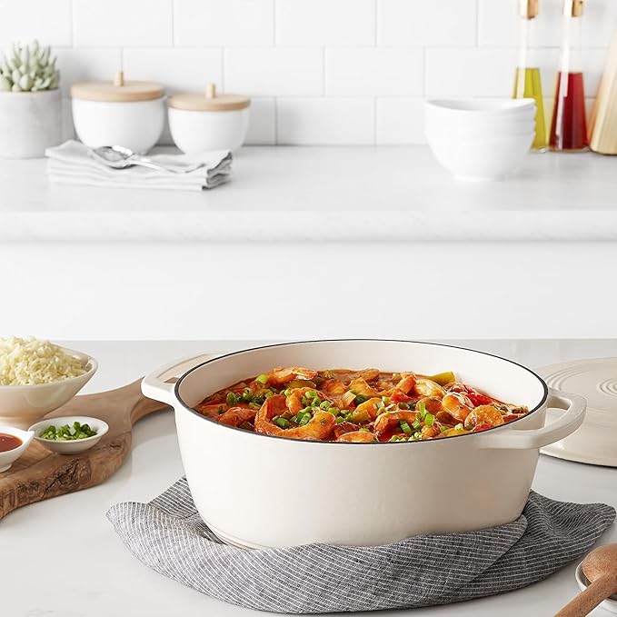 Amazon Basics Enameled Cast Iron Dutch Oven Pot with Lid, Round, Dual Handles, Heavy-Duty, Oven Safe for Stews, Roasting, Baking, 7.3-Quart, White
