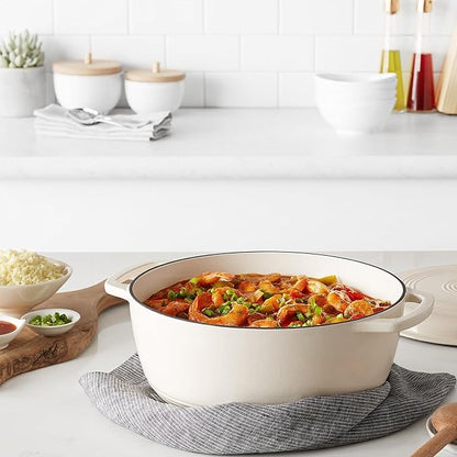 Amazon Basics Enameled Cast Iron Dutch Oven Pot with Lid, Round, Dual Handles, Heavy-Duty, Oven Safe for Stews, Roasting, Baking, 7.3-Quart, White