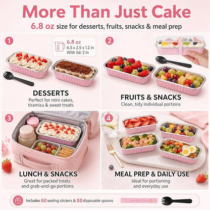 YQER 60 Pack Mini Cake Pans with Lids and Spoons, 6.8 oz Pink Disposable Aluminum Foil Mini Loaf Pans with Stickers, Individual Small Dessert Cake Tins Containers for Baby Showers, Birthdays, Gifts