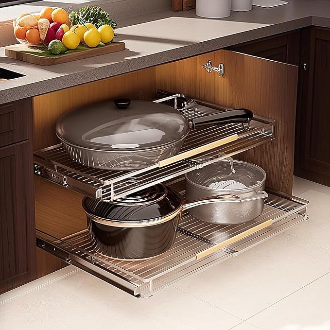 2 Pack Expandable Pull Out Cabinet Organizer，Side Mounting 23.2~39.99"x22.5"Cabinet Pull Out Shelves, Expandable Slide Out Spice Rack for Kitchen Bathroom Office