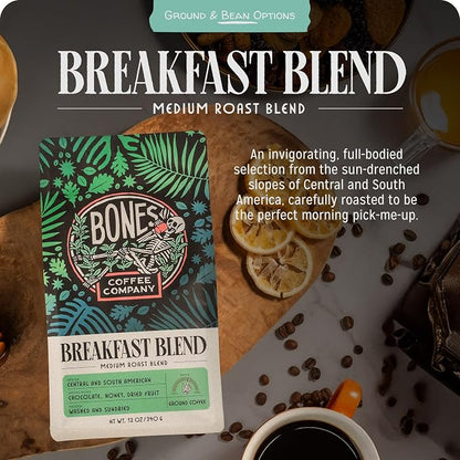 Bones Coffee Company Breakfast Blend, Chocolate, Honey and Dried Fruit Notes, Unflavored Coffee, Medium Roast Low Acid Arabica Beans Compatible with Auto drip and French Press Coffee Maker, 12 Oz Whole Bean