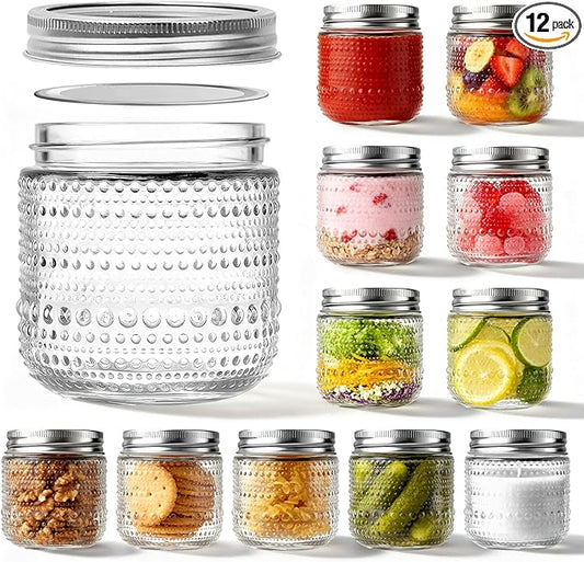8 oz Mason Jars With Lids,12 Packs Small Mason Jars, Half Pint Glass Canning Jars for Jams, Jelly, Sauces, Desserts, chia pudding, Pickle, Gift
