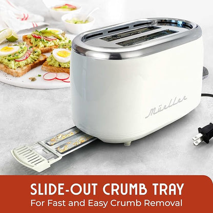 MUELLER HOME Retro Toaster 2 Slice, 7 Browning Levels, 3 Functions (Reheat, Defrost, Cancel), Stainless Steel Features, Removable Crumb Tray, Under Base Cord Storage, White Toaster Kitchen Appliances