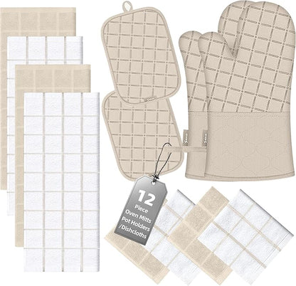 Oven Mitts Pot Holders Sets/Kitchen Towels and Dishcloths, Oven Gloves Kitchen Dish Towels 500 Degree Heat Resistant Potholders with Non-Slip Silicone Surface for Cooking, Grilling, Baking-Milkshake