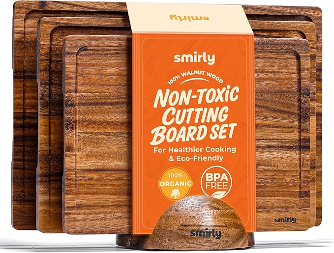 SMIRLY Walnut Cutting Board for Kitchen - Wood Cutting Boards with Handle and Juice Groove for Meal Prep, Serving, Charcuterie - Kitchen Gadgets - Non Toxic Wooden Chopping Board Set of 3 with Holder