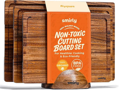 SMIRLY Walnut Cutting Board for Kitchen - Wood Cutting Boards with Handle and Juice Groove for Meal Prep, Serving, Charcuterie - Kitchen Gadgets - Non Toxic Wooden Chopping Board Set of 3 with Holder