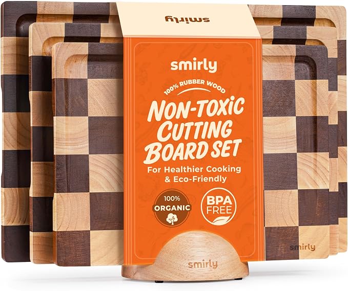 SMIRLY Wooden Cutting Boards for Kitchen - Rubberwood Cutting Boards for Meal Prep, Serving, Charcuterie - Kitchen Gadgets, House Warming Gifts - Wood Chopping Board Set of 3 with Holder