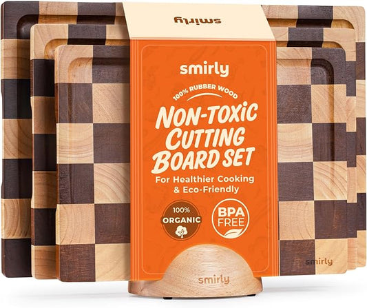SMIRLY Wooden Cutting Boards for Kitchen - Rubberwood Cutting Boards for Meal Prep, Serving, Charcuterie - Kitchen Gadgets, House Warming Gifts - Wood Chopping Board Set of 3 with Holder