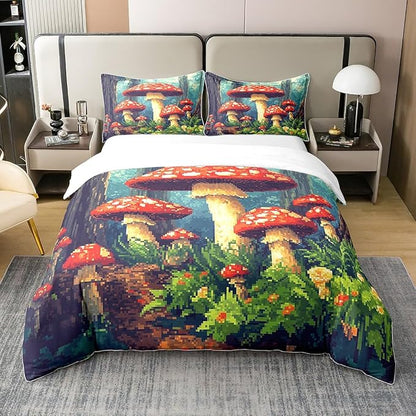 Red Mushroom 100% Nature Cotton Duvet Cover Jungle Wild Plants Trees Comforter Cover Twin Size with 1 Pillowcase Cartoon Pixelated Construct Games Aesthetic Luxury Bedding Set (No Filler)