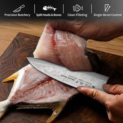 6 Inch Deba Knife, Made in Japan, Right-Handed Single Bevel Fish Butcher Knife, High Carbon Stainless Steel with Nashiji Finish, Magnolia Wood Handle for Fish Filleting