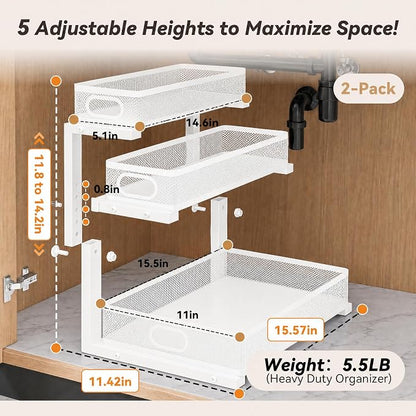 3-Tier Under Sink Organizer 2-Pack, Thickened Metal Pull out Cabinet Shelf, Height Adjustable Slide Out Drawer Storage Rack for Bathroom Kitchen Pantry Laundry Home Office Organization (White)