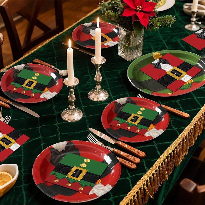 100 PCS Christmas Paper Plates and Napkins | Bundle Includes Paper Oval Dinner Plates and Napkins for Christmas Party Supplies
