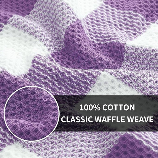 Homaxy Kitchen Towels and Dishcloths Set, 12 x 12 and 13 x 28 Inches, Set of 8 Bulk Cotton Waffle Weave Check Plaid Kitchen Towels, Super Soft and Absorbent Dish Towel, White & Purple