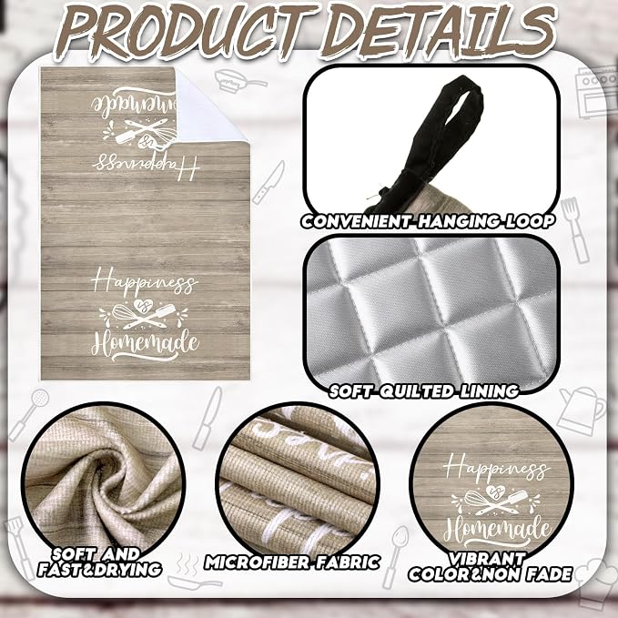 Sratte 6 Pcs Kitchen Decor Accessories Set Farmhouse Towels Pot Holders Oven Mitts Set 2 Dish Towels 2 Potholders 2 Cooking Mittens Oven Glove for Christmas Baking Cooking(Brown Wood Grain)