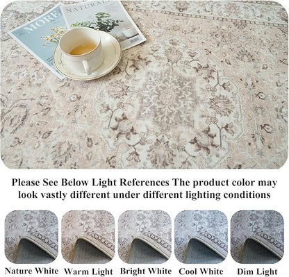 7x7 Living Room Area Rug: Washable Oriental Printed Soft Round Rug for Bedroom Besides Non-Slip Low-Pile Carpet for High-Traffic Area Indoor Stain Resistant Distressed Home Decor Mat(7Round,Beige)