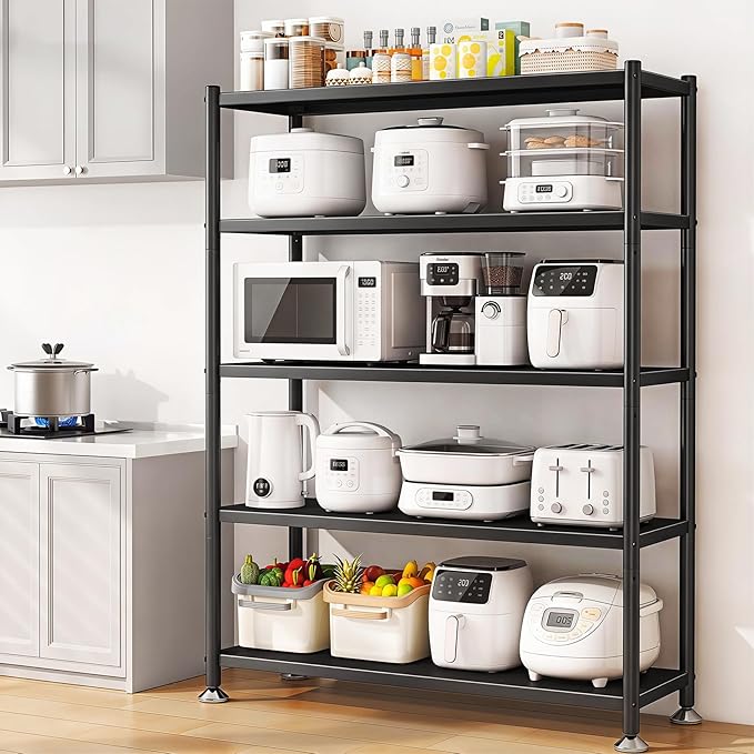 PXRACK Metal Shelving for Storage, 5 Tier Adjustable Kitchen Storage Shelves with Wheels, Shelving Unit Bookshelf Utility Shelf Metal Storage Rack for Garage Pantry Closet Laundry, 35.8"x13"x59.65"