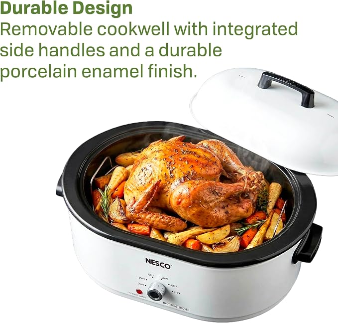 NESCO MWR18‑14 Electric Roaster Oven for Family‑Size Meals, White 18‑Quart Countertop Roaster with Adjustable Temperature Control