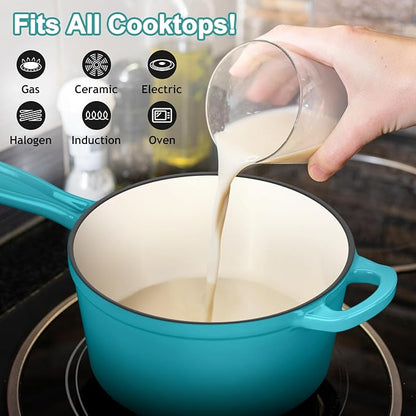 3 Quart Sauce Pan with Lid, Leonyo Enameled Cast Iron Sauce Pot, Large Cast Iron Pot Dutch Oven Kitchen Cookware for All Cooktops Cooking Pasta, Soup, Milk - Up to 500°F & 8bs, Lake Green