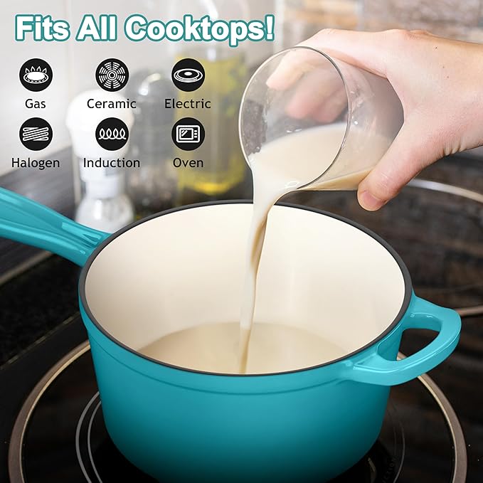 1 Quart Cast Iron Saucepan, Leonyo Enameled Sauce Pan with Lid, Enamel Cast Iron Dutch Oven Cooking Stock Pots and Pan Set Kitchen Cookware Appliances for All Cooktops - Up to 500°F, Lake Green
