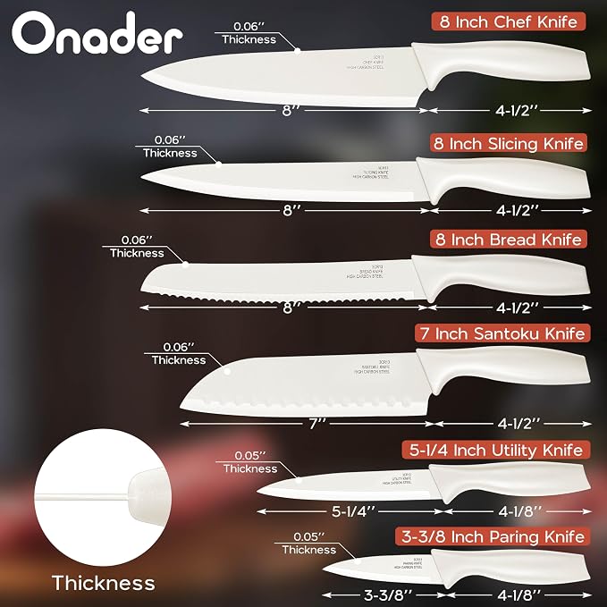 Onader 12 Pieces Knife Set with Covers, Stainless Steel Small Kitchen Knives Set, Cream White