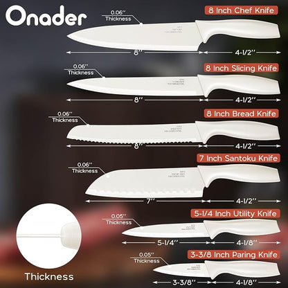 Onader 12 Pieces Knife Set with Covers, Stainless Steel Small Kitchen Knives Set, Cream White
