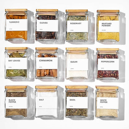 Glass Spice Jars with Bamboo Lid, 4oz Square Spice Containers for Pantry Organization, Seasoning Bottles with Labels, Spoons, Funnel for Salt Sugar