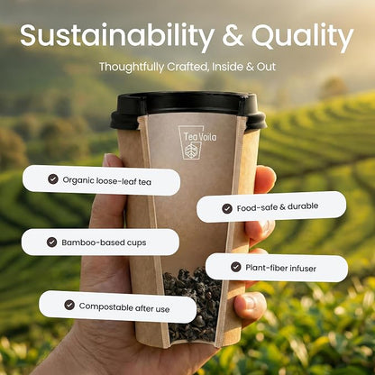 TeaVoila Instant Brew Tea in A Cup - Organic Loose Leaf Oolong Tea – Tea Infuser Built In Biocompostable 6 Cups, Each Refillable 3x, 18 Servings in Total – No Tea Bags Needed, For Office & Travel
