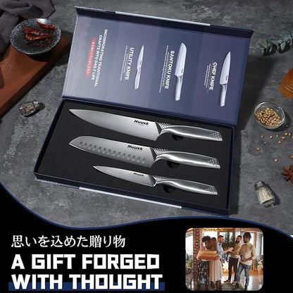 Huusk 3 Pieces Knife Set - Japanese Stainless Steel Kitchen Knife Sets, Professional Ultra Sharp Chef Knives Set with Ergonomic Handle, Gift for Birthday, Gifts for Men and Women