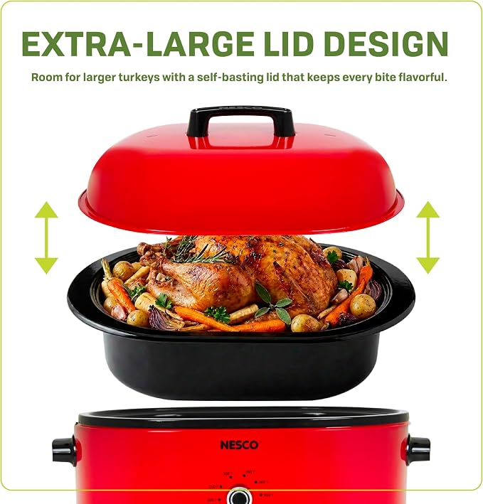 NESCO MWR18‑12 Electric Roaster Oven for Family‑Size Meals, Red 18‑Quart Countertop Roaster with Circle of Heat Heating Technology