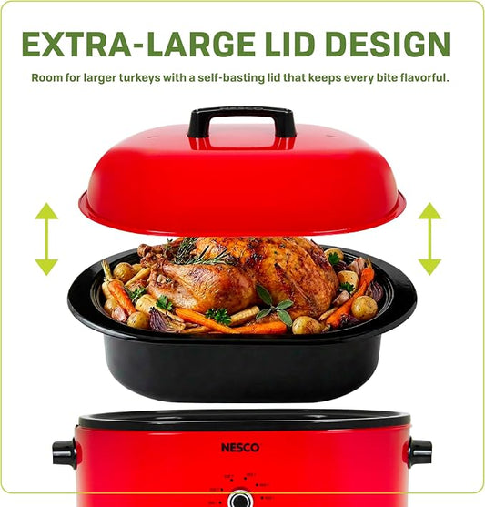 NESCO MWR18‑12 Electric Roaster Oven for Family‑Size Meals, Red 18‑Quart Countertop Roaster with Circle of Heat Heating Technology